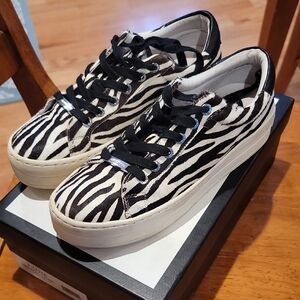 J/SLIDES Zebra Print Calf Hair Sneakers - Black and White